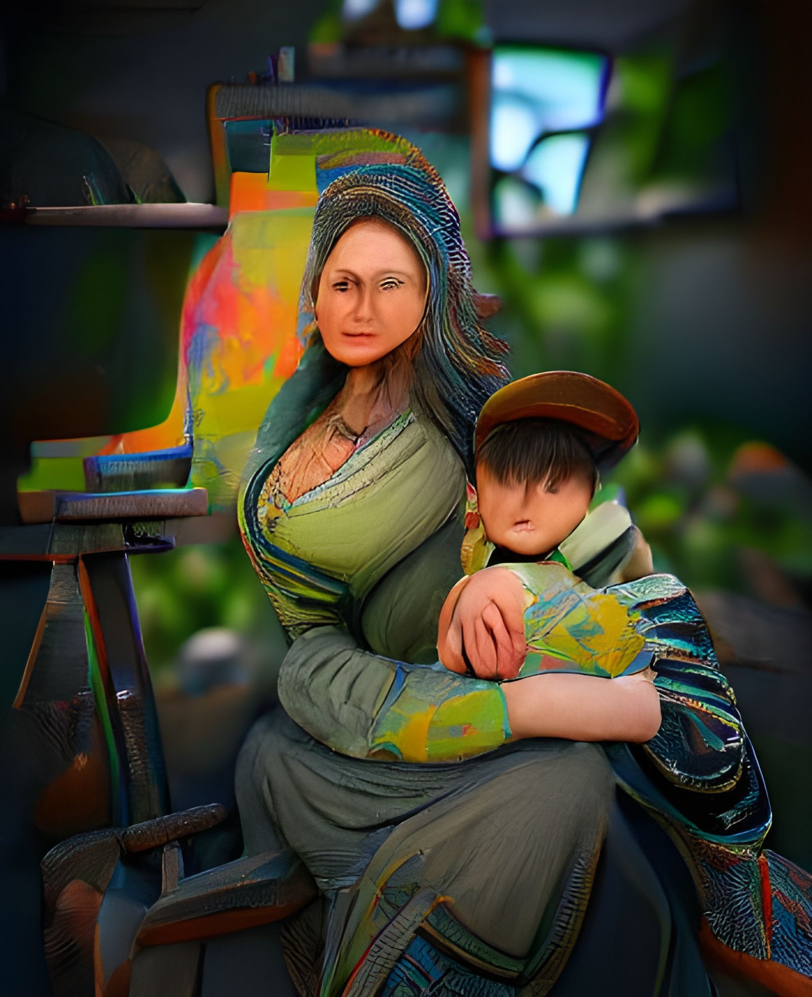 Colorful Portrait of Mother and Son in Art Style