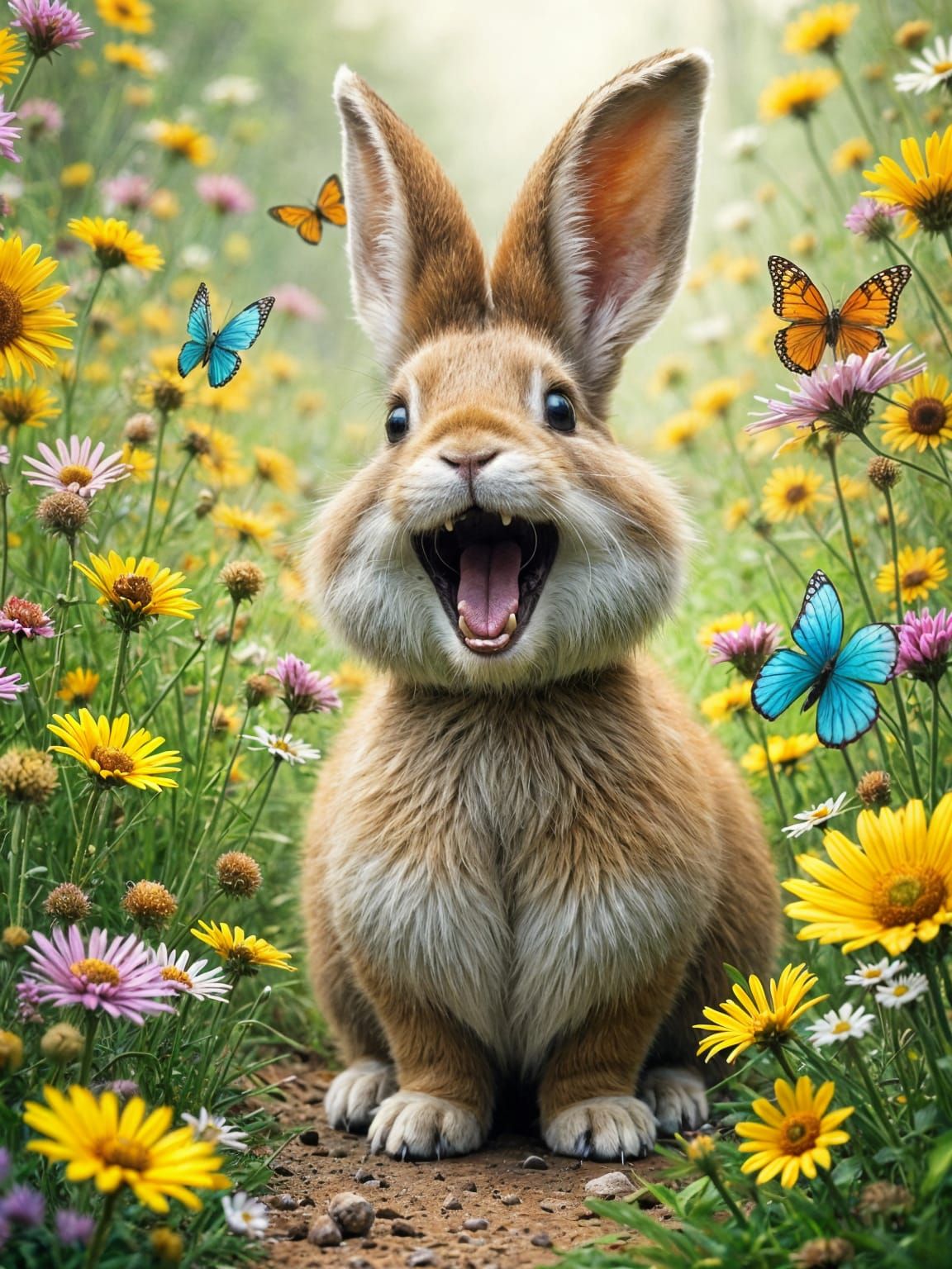 Laughing Bunny in Wildflower Meadow: Candid Wildlife Photo