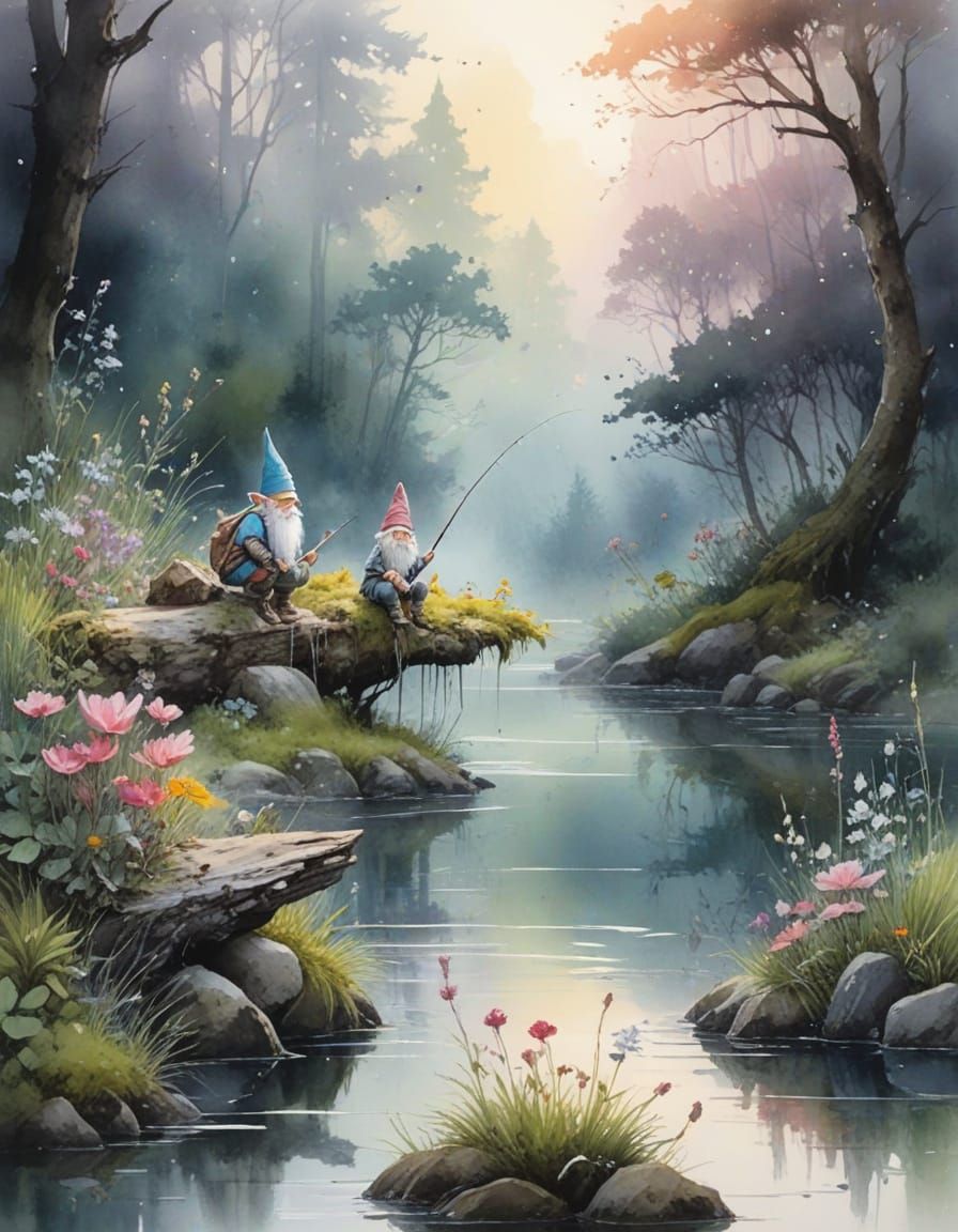 Gnome Fishing at Dawn: Watercolor Fairytale Scene