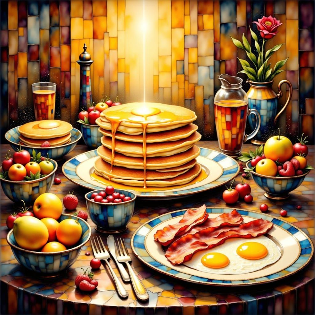 Golden Pancakes Breakfast Still Life, Bold Brushstrokes