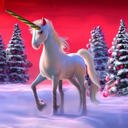 The littlest unicorn. Christmas trees. trending on Artstation 8k resolution concept art hyperdetailed fantasy