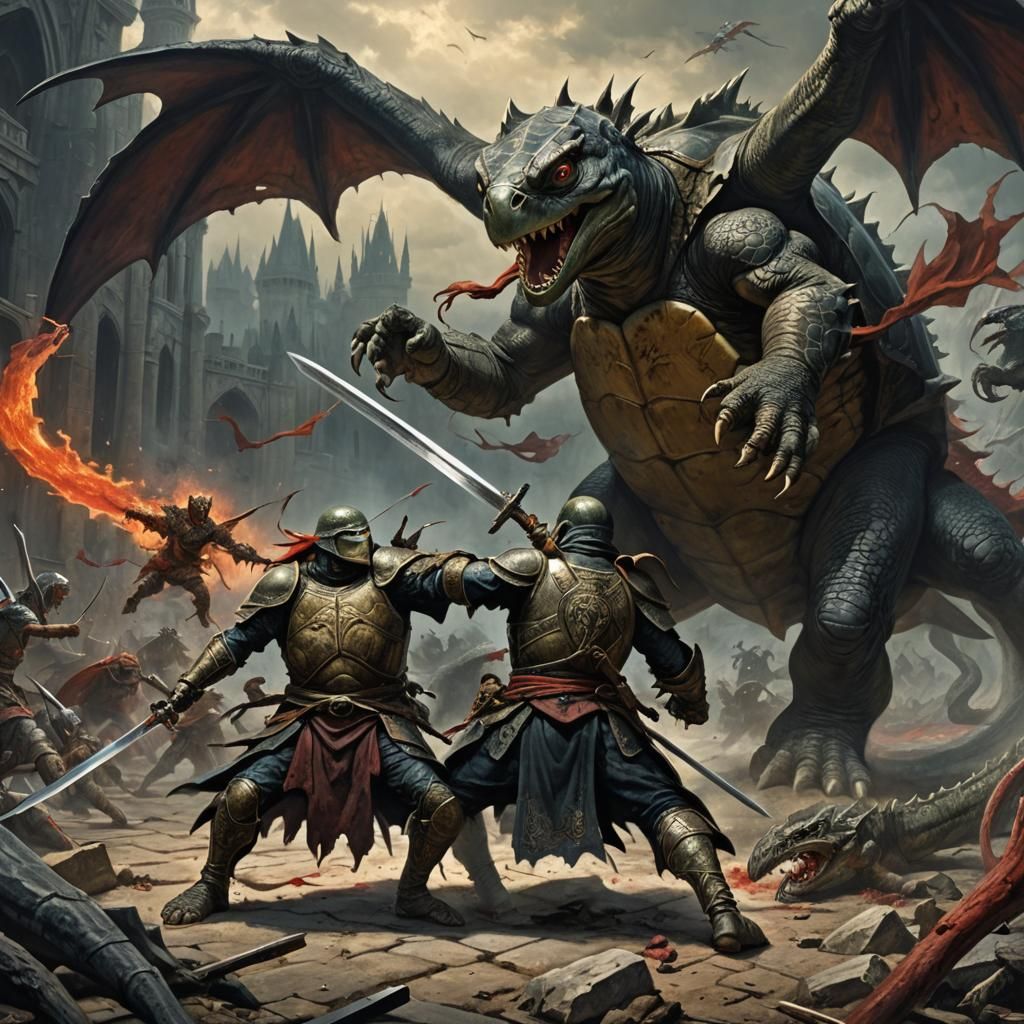 Turtle Warrior Fighting Dragon in Realism Style