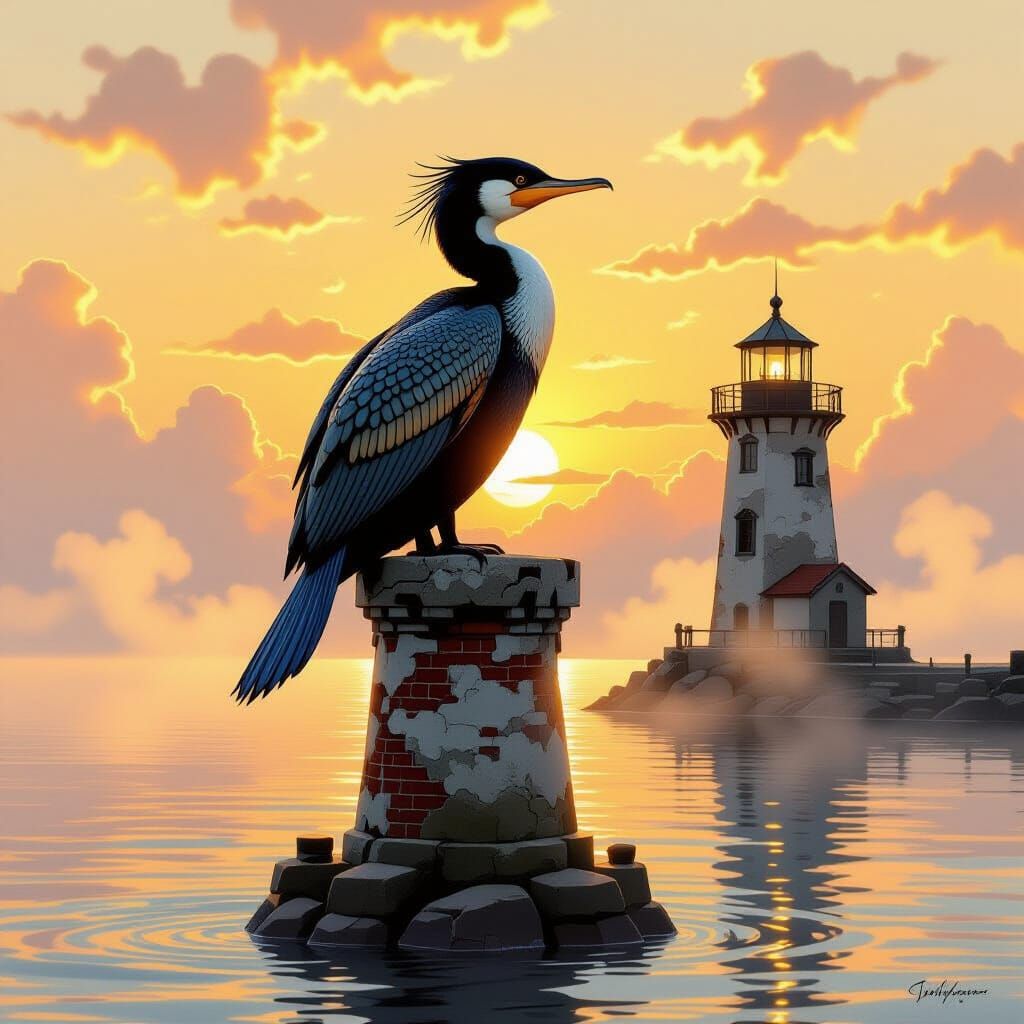 Cormorant on Lighthouse at Sunset in Dreamy Style