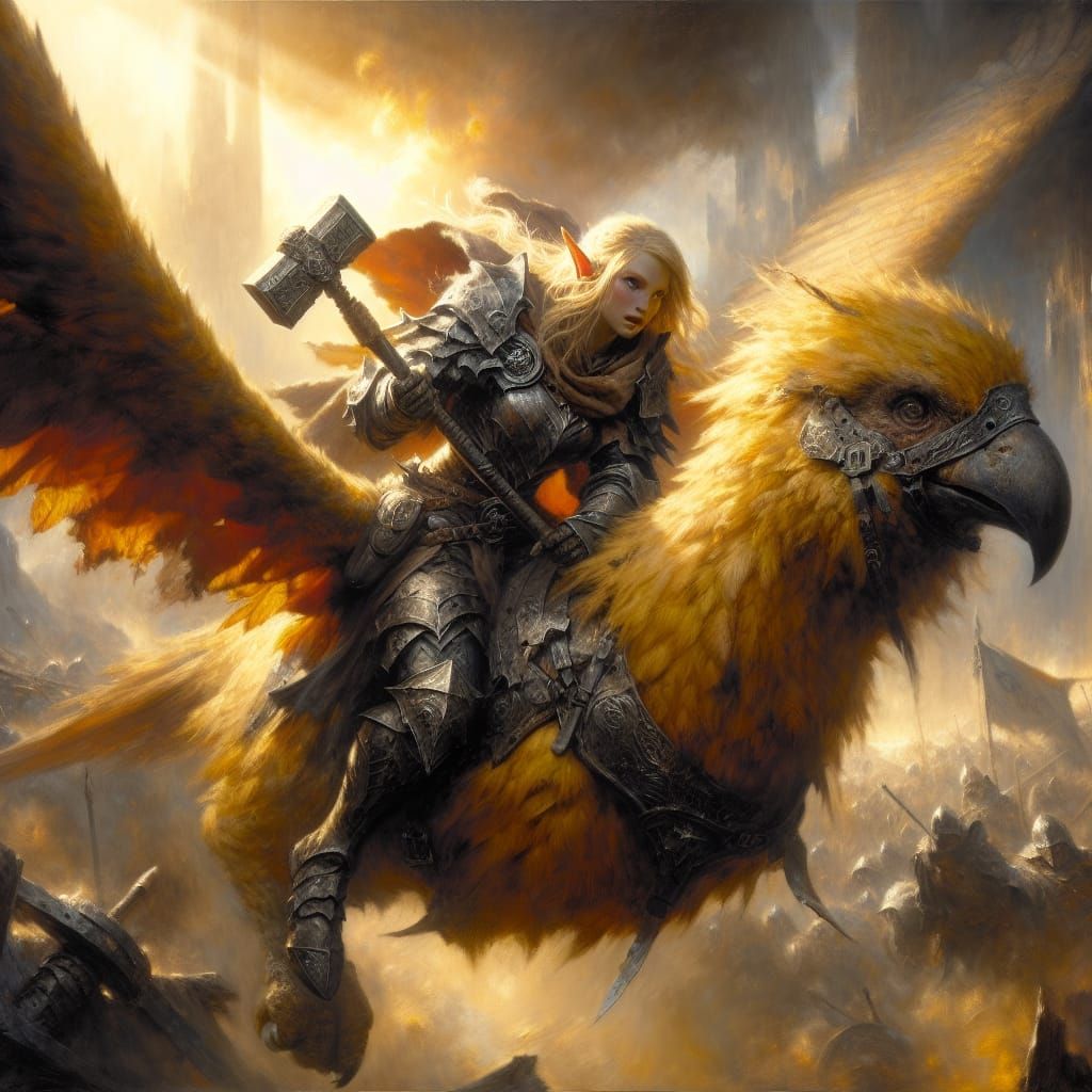 Hopeful Warrior Rides Chocobo into Sunlit Battle