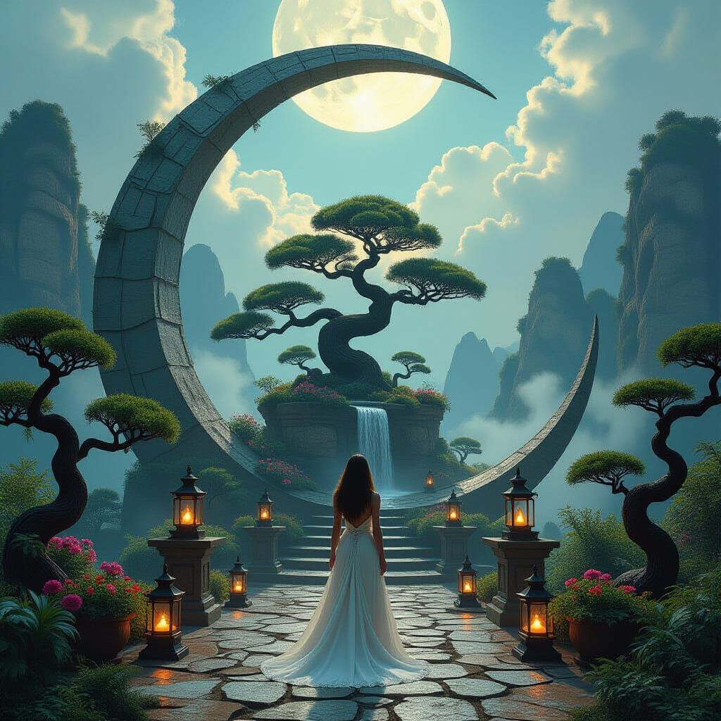 Surreal Stargate Scene with Crescent Moon