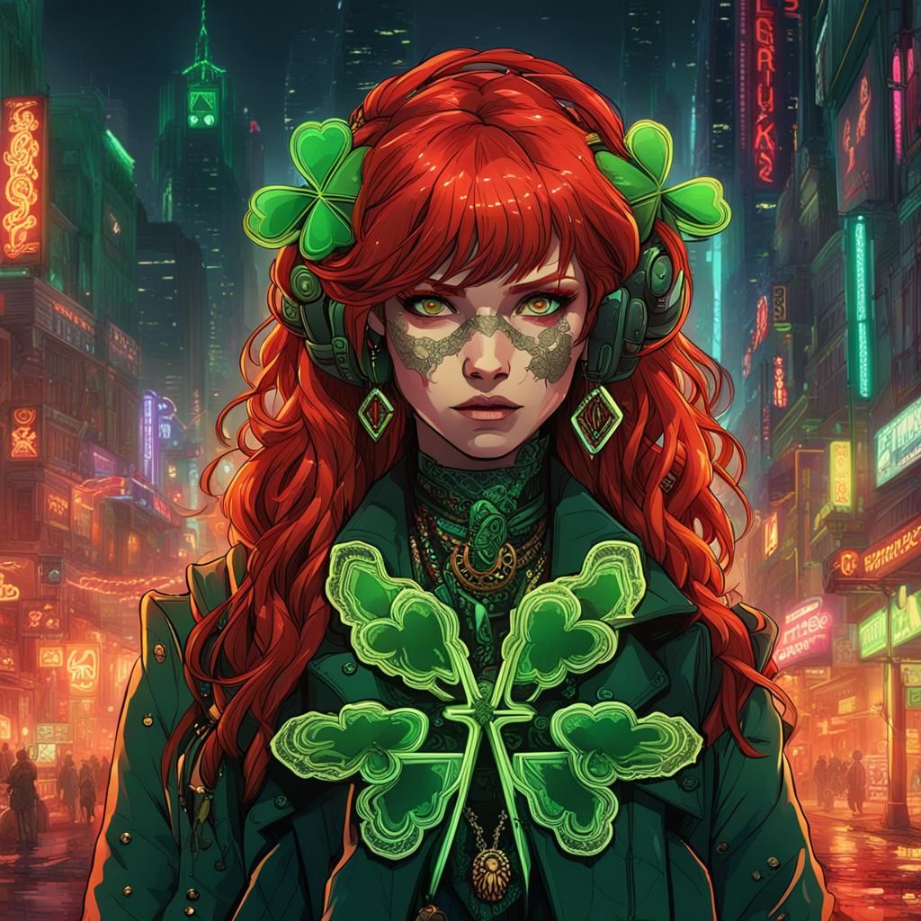 Red-Haired Woman in Cyberpunk St. Patrick's Day Scene