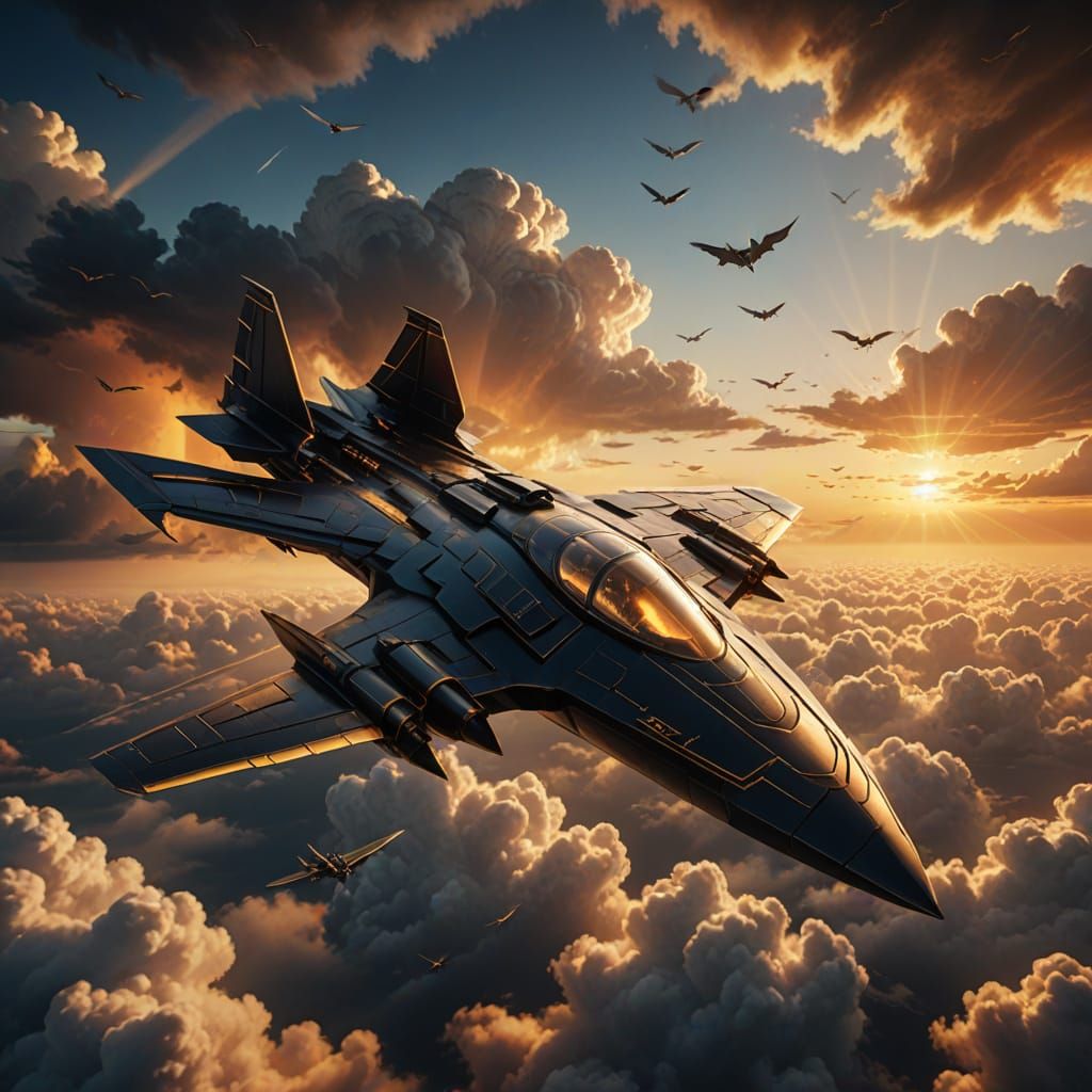 Batwing Plane Soars in Dark Fantasy Sunset