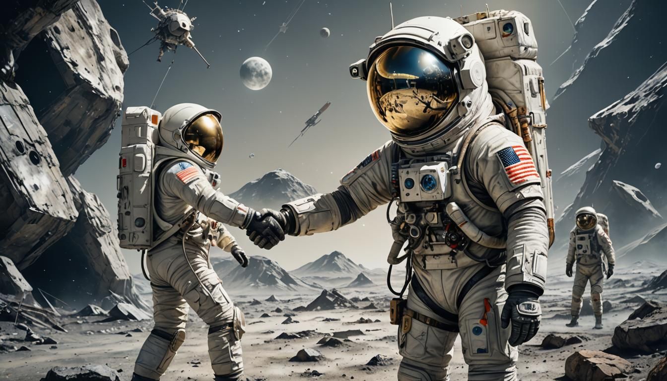 Moon Landing: Alien Handshake in Porcelain Style