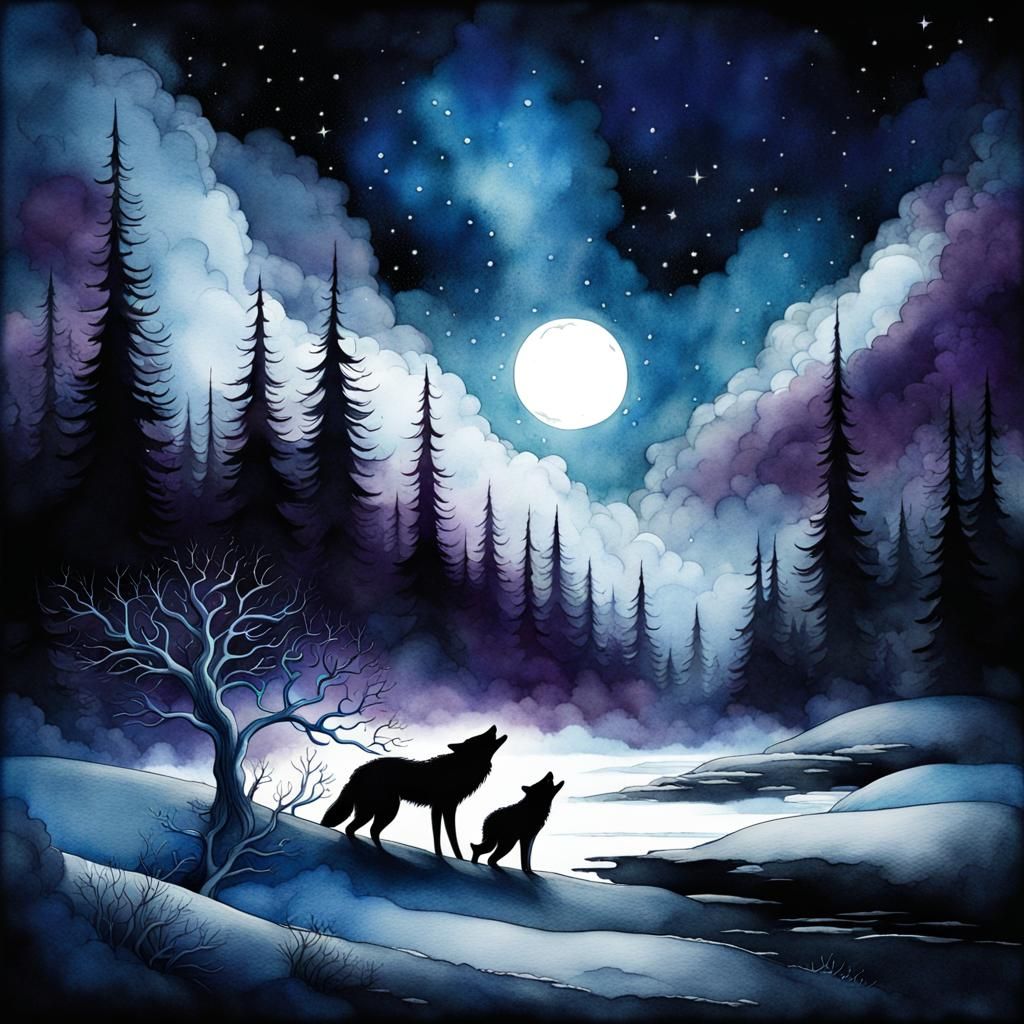 Wolves in Winter Forest: Minimalist Watercolor Illustration