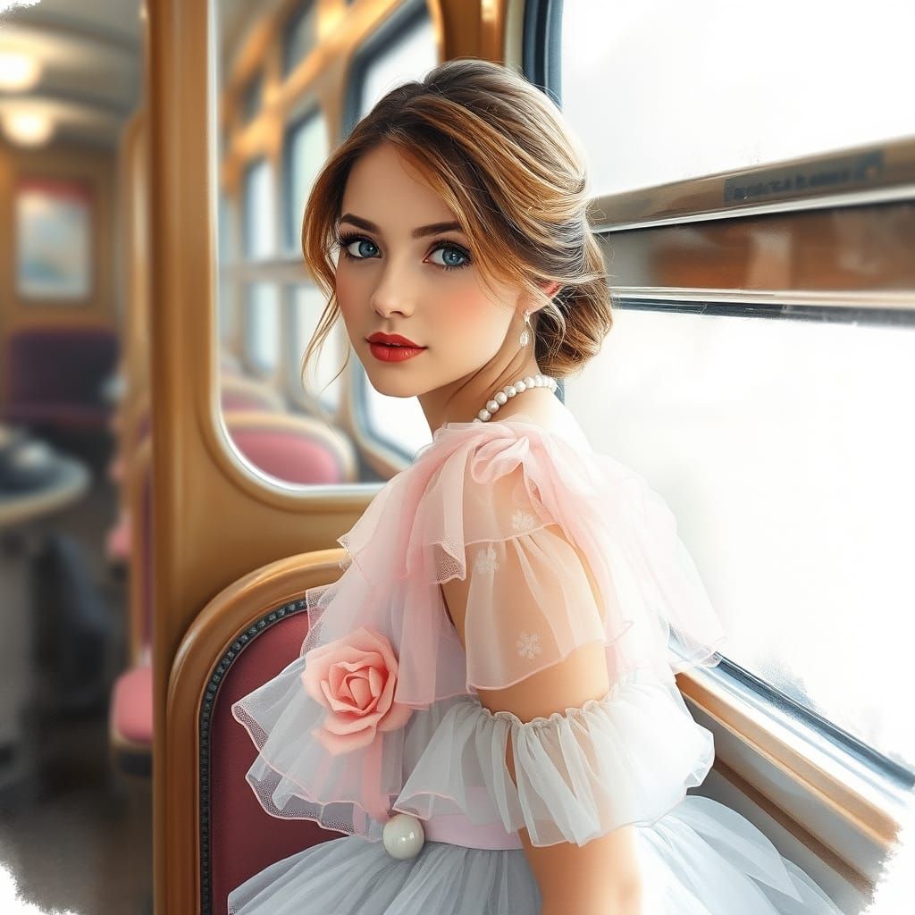 Girl on Antique Train in Delicate Watercolor Style