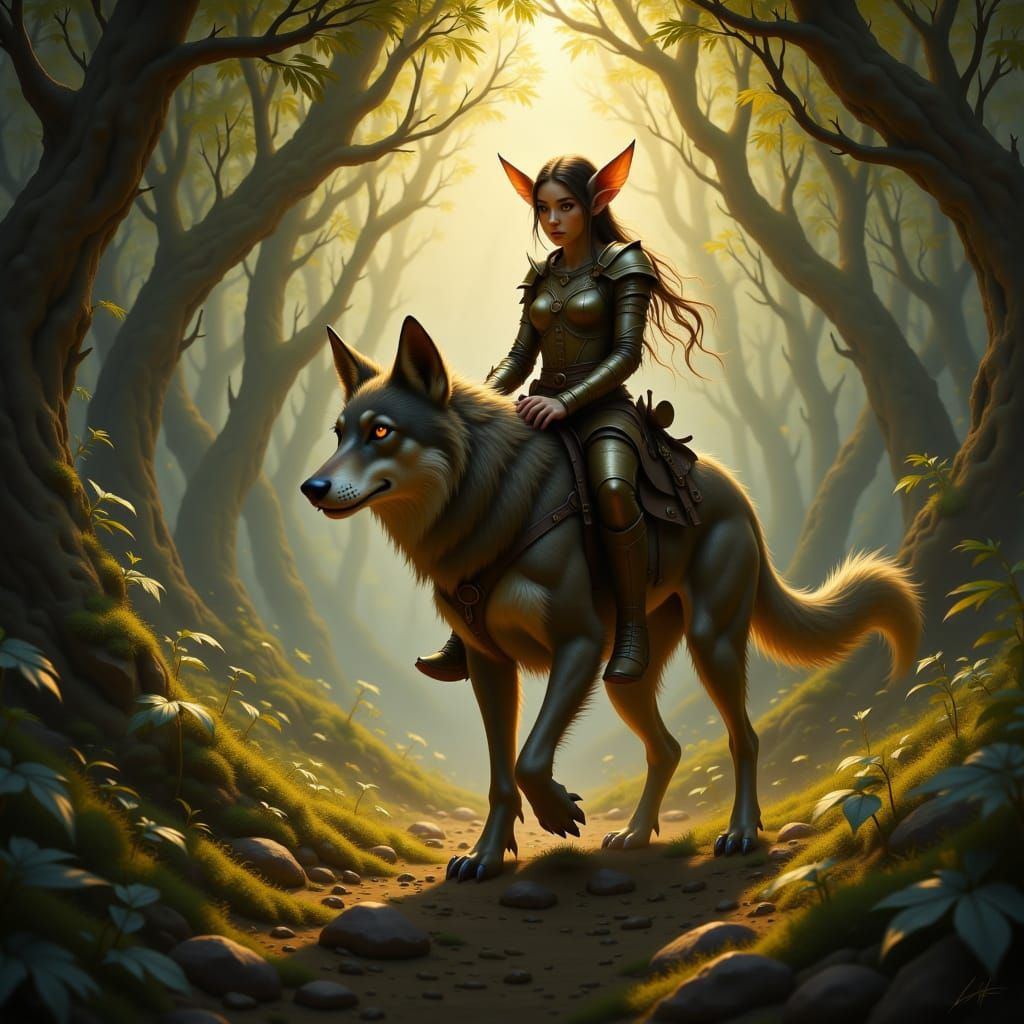 Elf Warrior Riding Wolf in Sunlit Forest