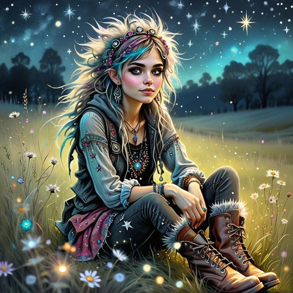 Boho Punk Pixie Gazing at Stars: Digital Art