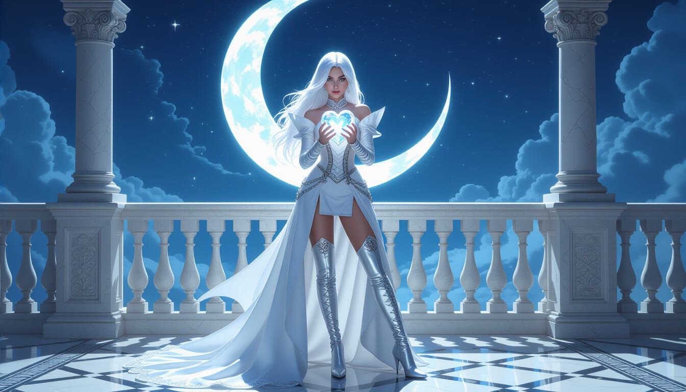 Steampunk Gothic Woman Holds Crystal Heart Under Crescent Mo...