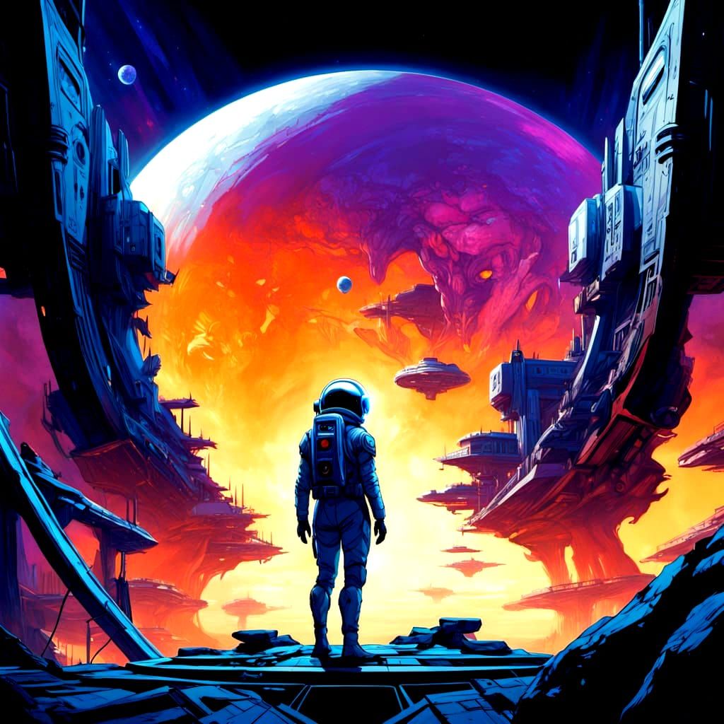 Astronaut Explores Ancient Alien Station Amidst Nebula