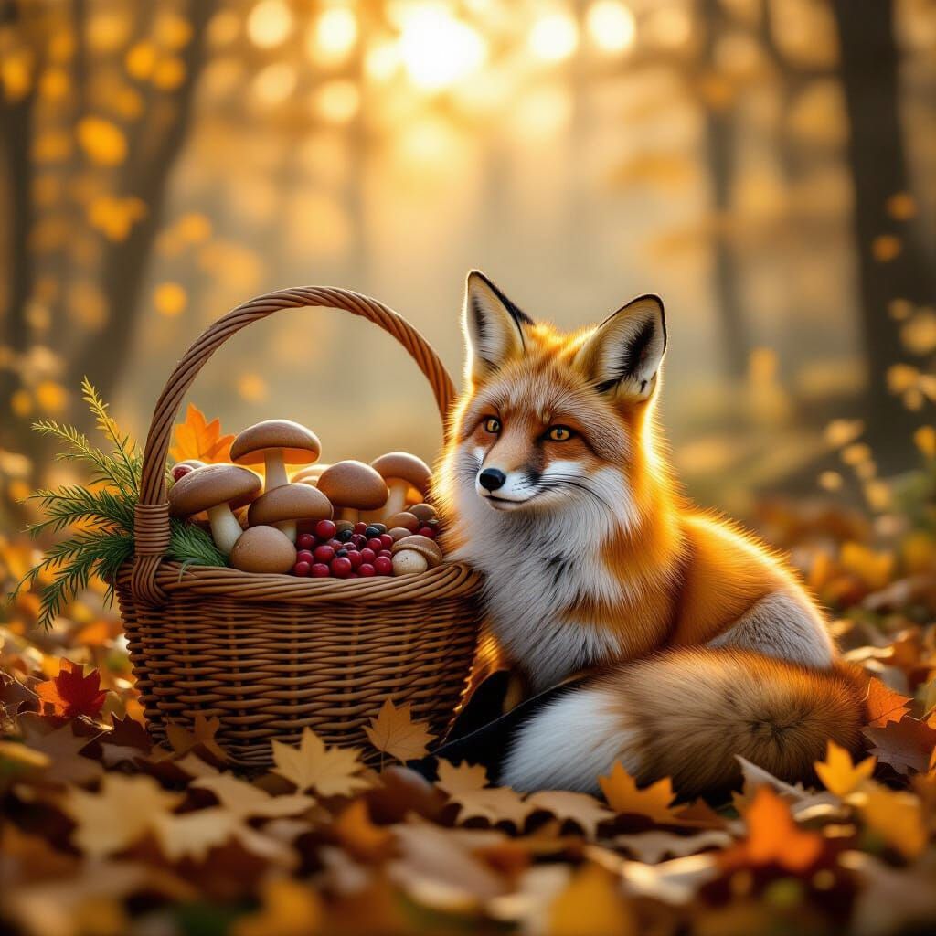 Red Fox in Golden Forest at Dawn with Mushroom Basket