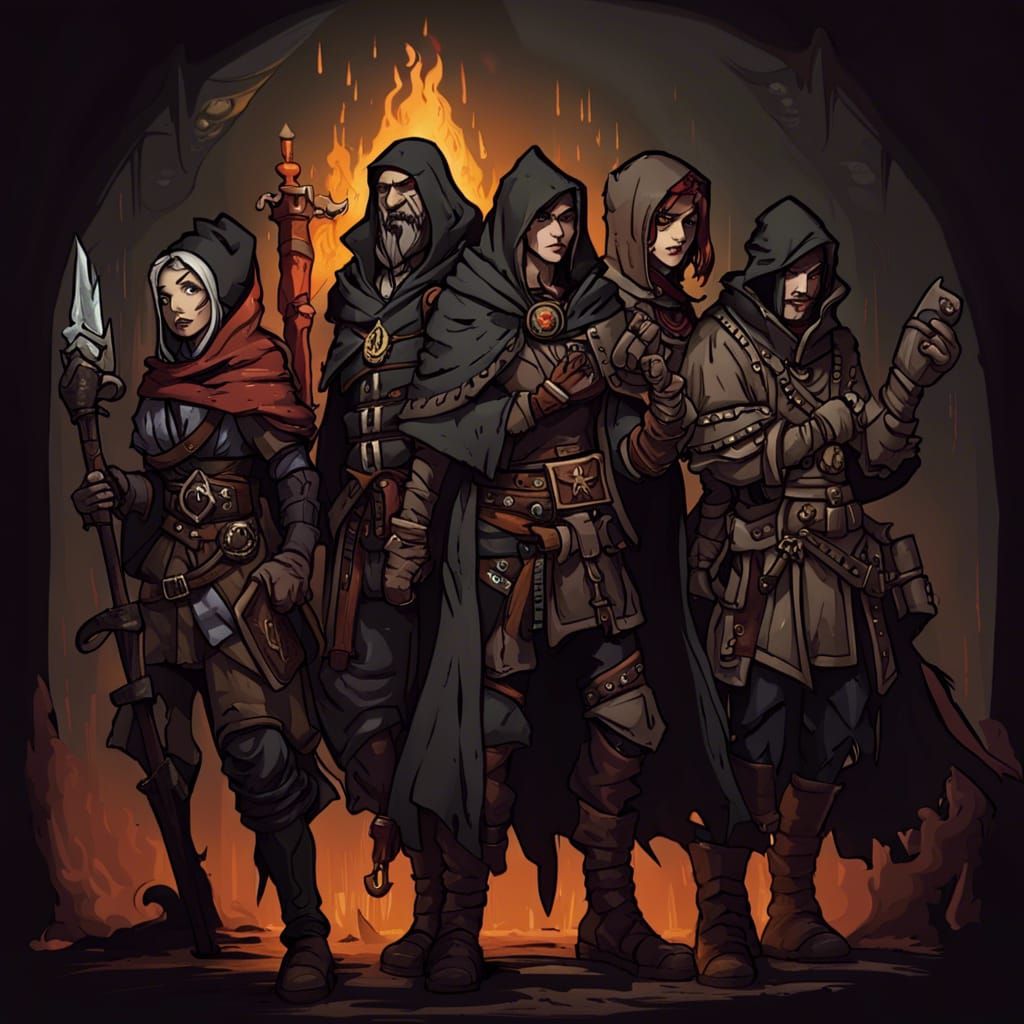 A depiction of a party of fantasy adventurers consisting of ...