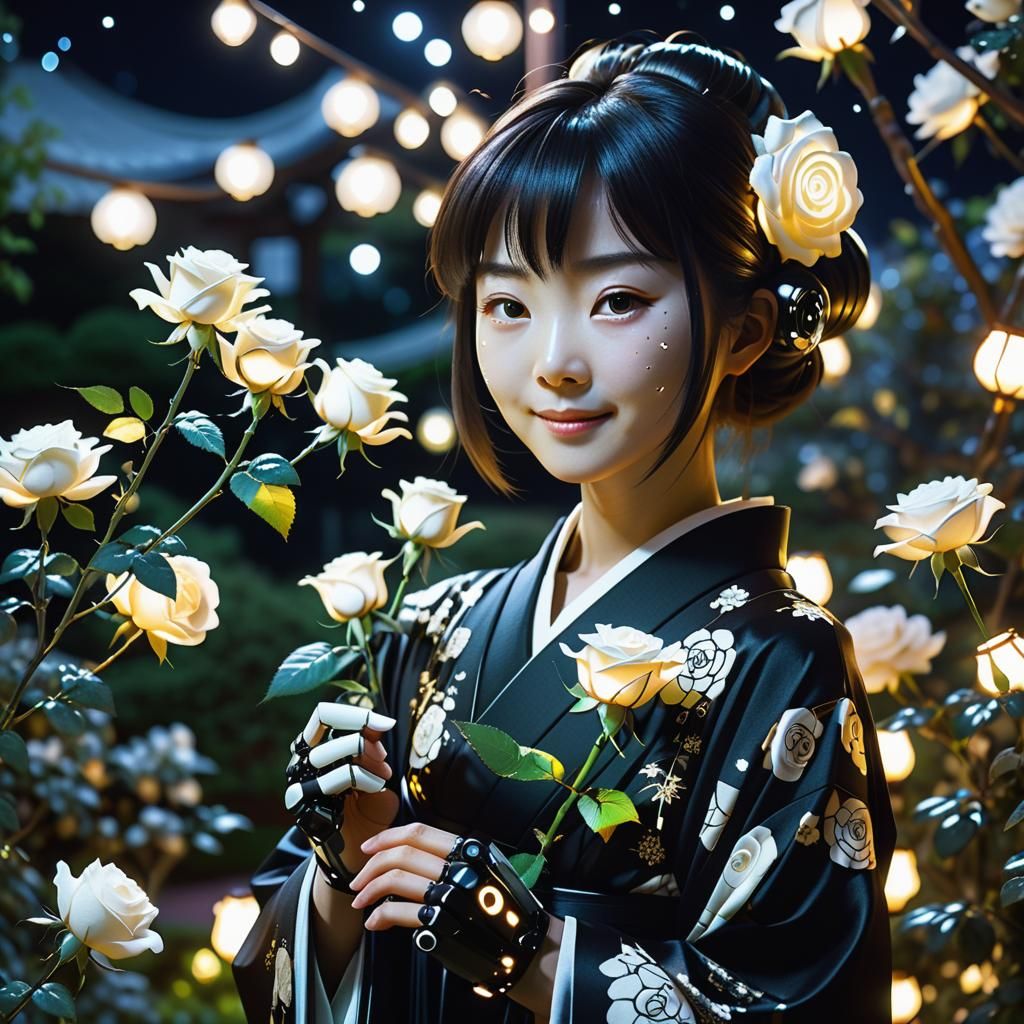 Japanese Cyborg with Rose in Futuristic Garden