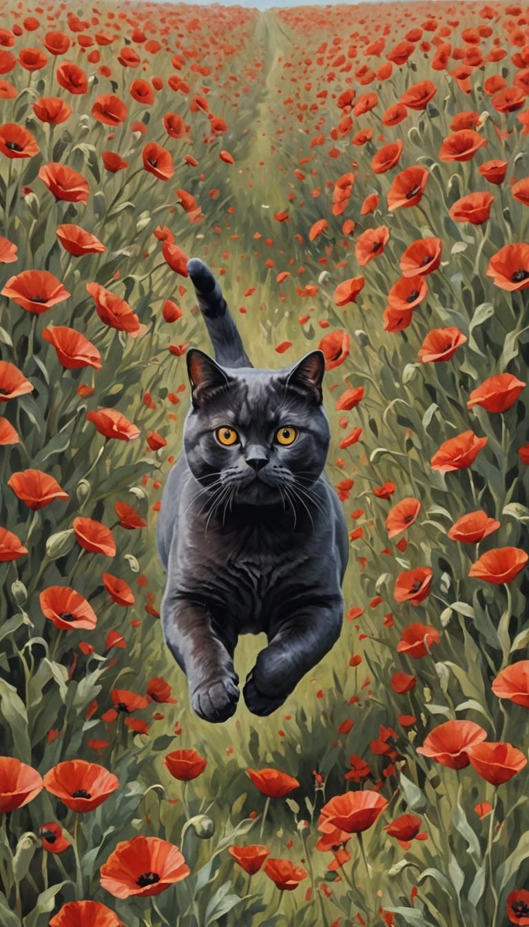 Black Cat Runs Through Poppies: Gouache Impressionism
