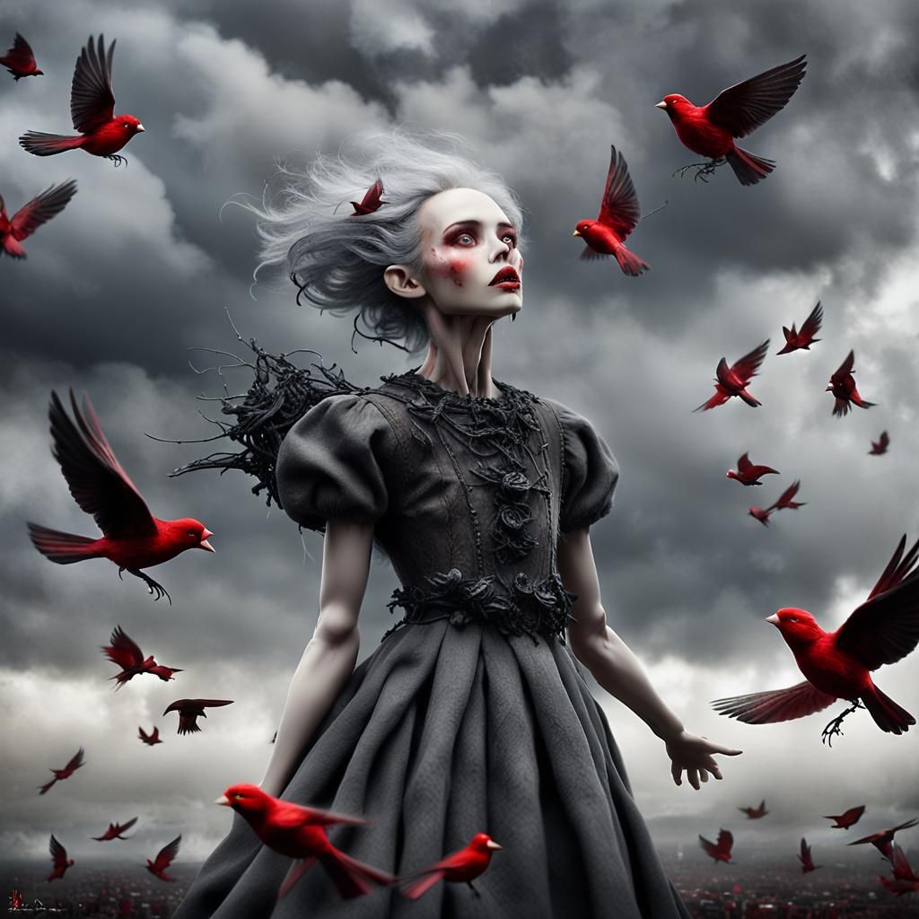 Porcelain Doll with Red Birds, Digital Matte Painting