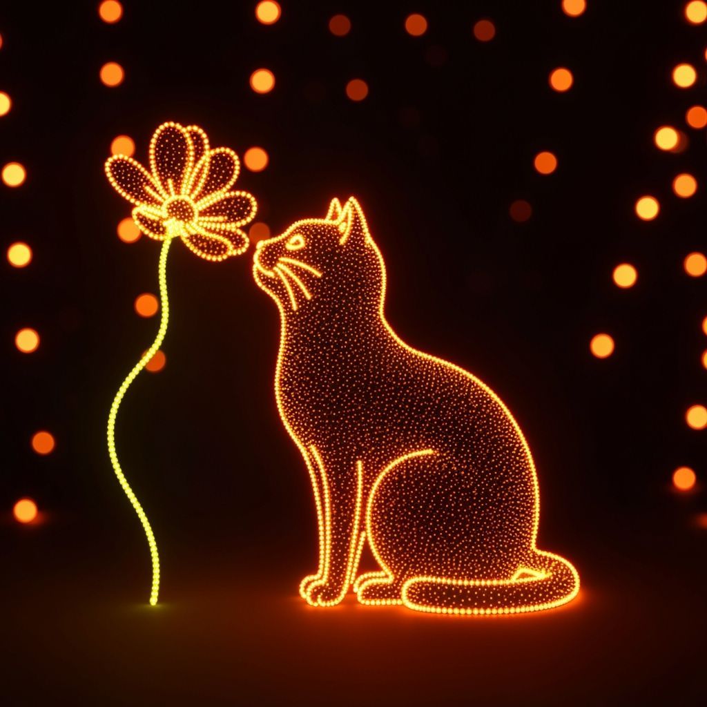 Neon Cat Smelling Flower in Pointillism Style