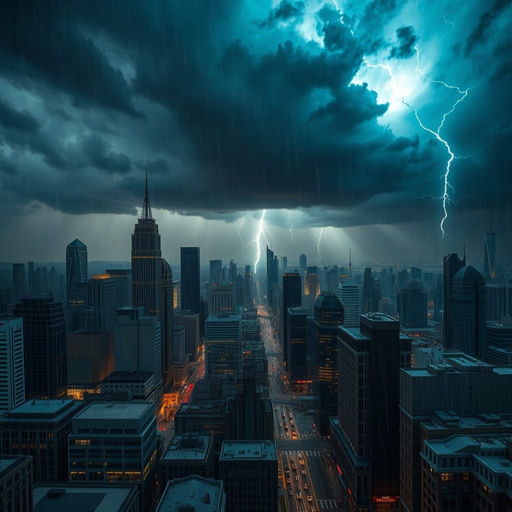 Dystopian Cityscape Under Ominous Thunderstorm Skies