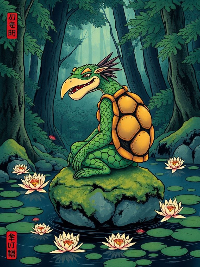 Japanese Water Spirit in Traditional Ukiyo-e Style