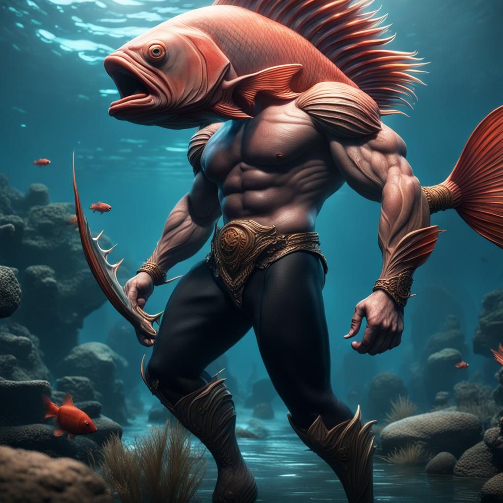 Muscular Fish-Man Concept Art in Detailed Matte Painting
