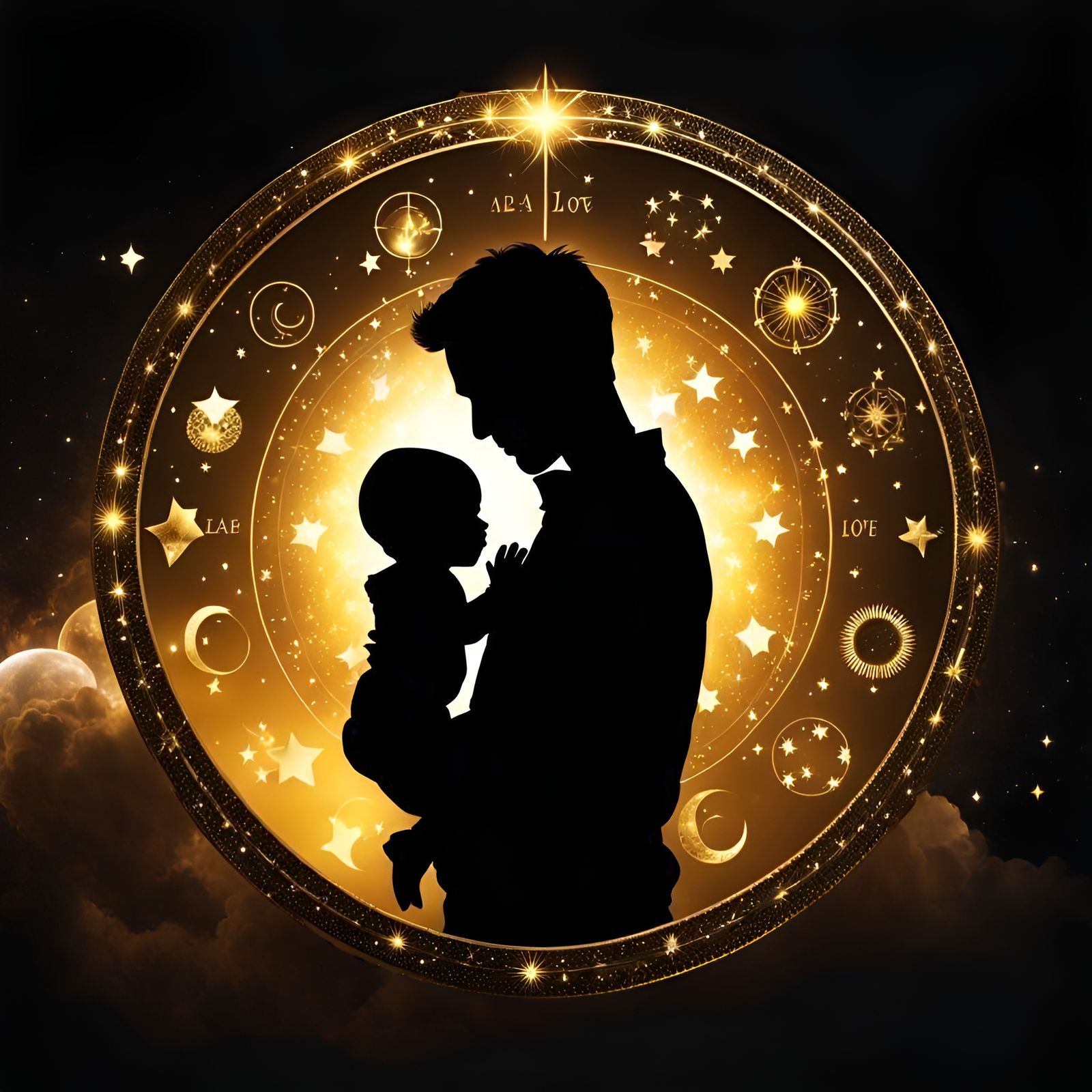 Silhouette of Father and Child in Zodiac Circle