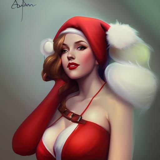 Ginger Pin-Up Girl as Santa Claus, Digital Painting