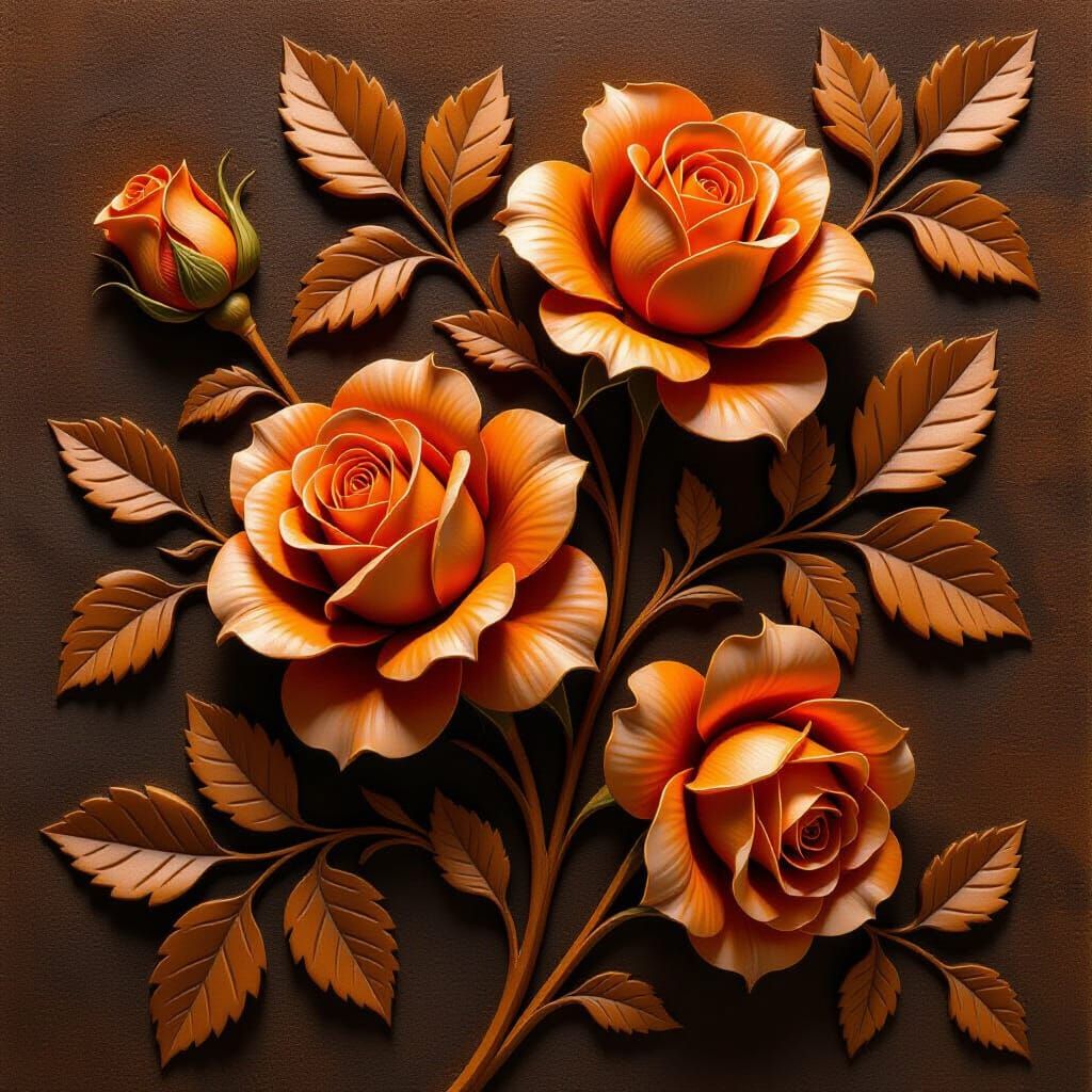 Intricate Bas-Relief Carvings of Orange-Brown Roses