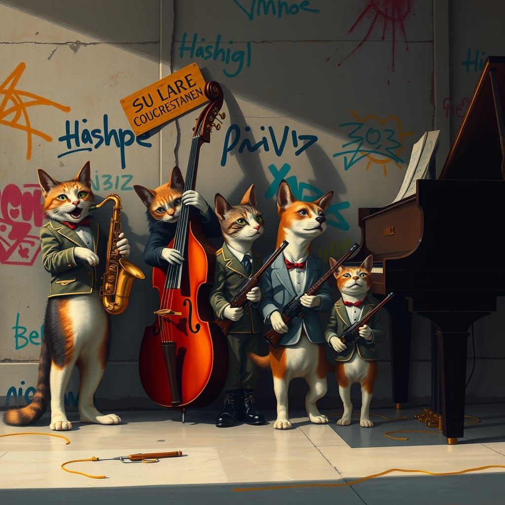 Cats' Jazz Showdown with Dog Firing Squad