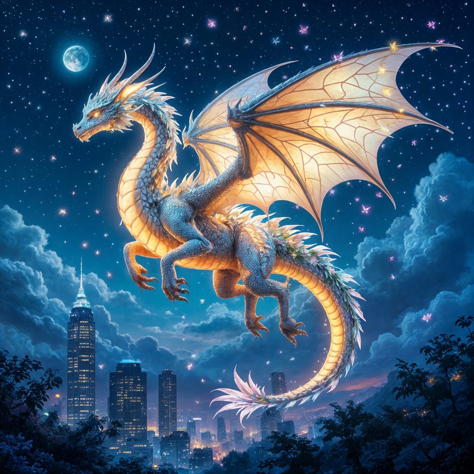 Floral Dragon Flies Over City, Hyperdetailed Fantasy Art