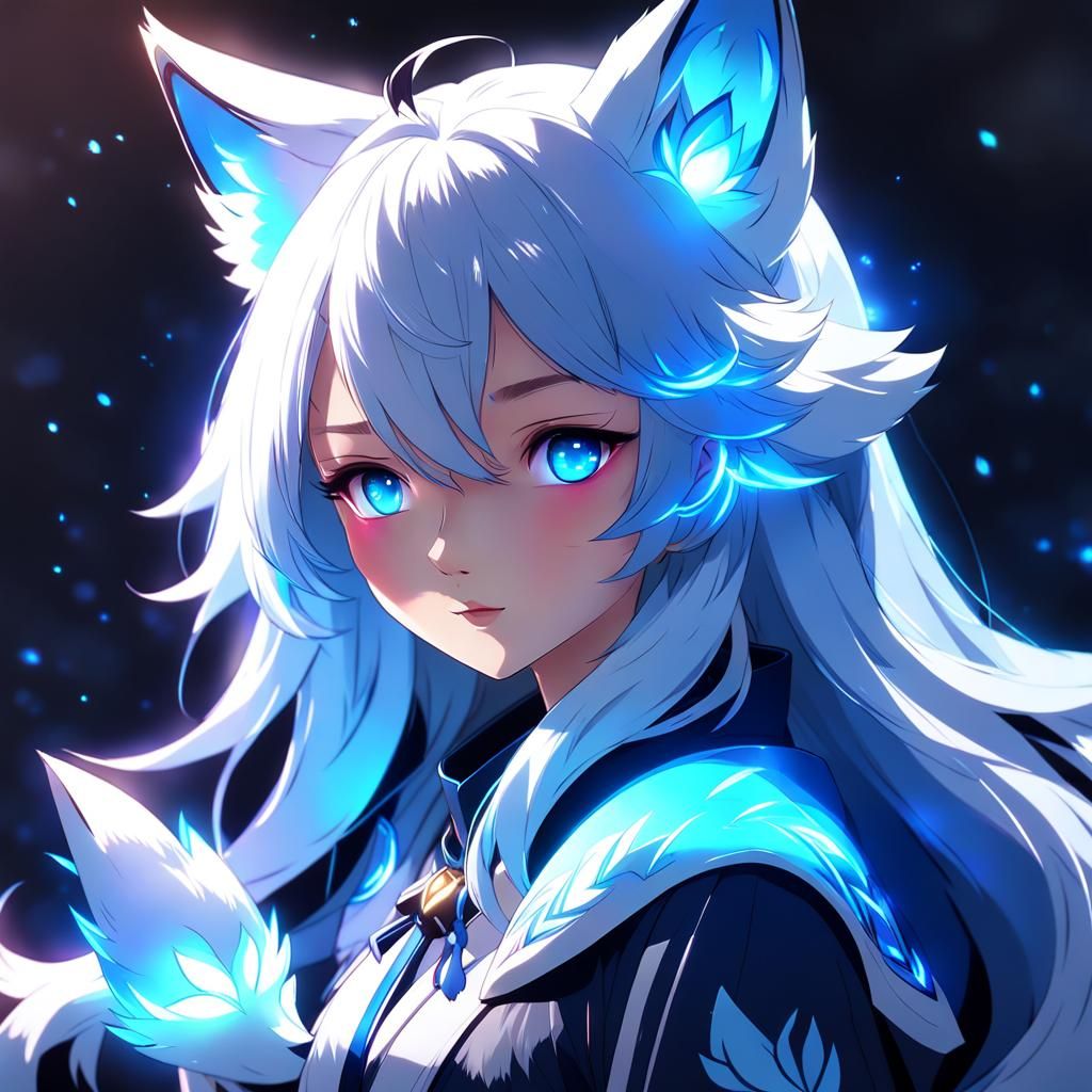 Anime Girl with Glowing Kitsune Aura, Detailed Concept Art