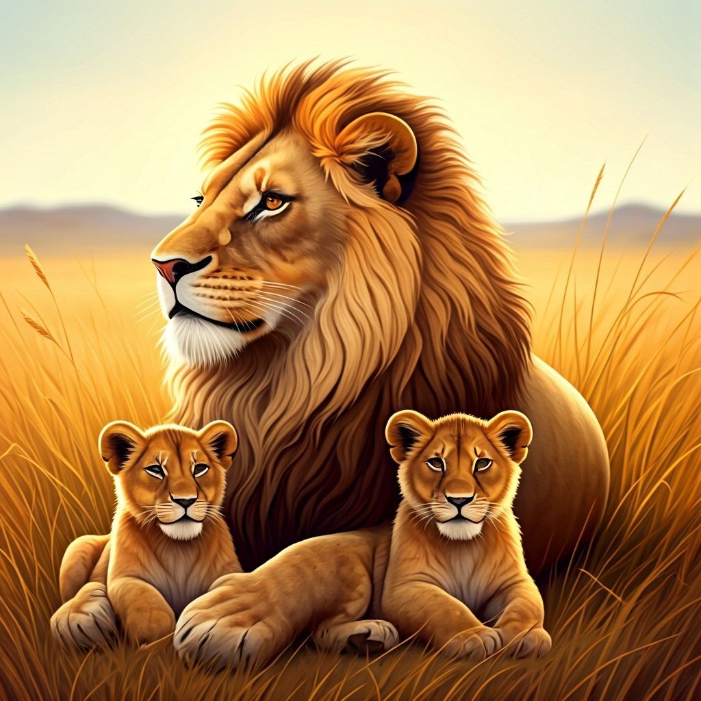 Lions in Sun: Whimsical Impressionist Savannah Scene