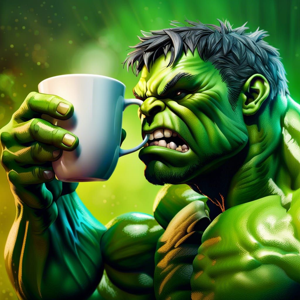 Angry Hulk Sipping Coffee in Hyperrealistic Splash Art