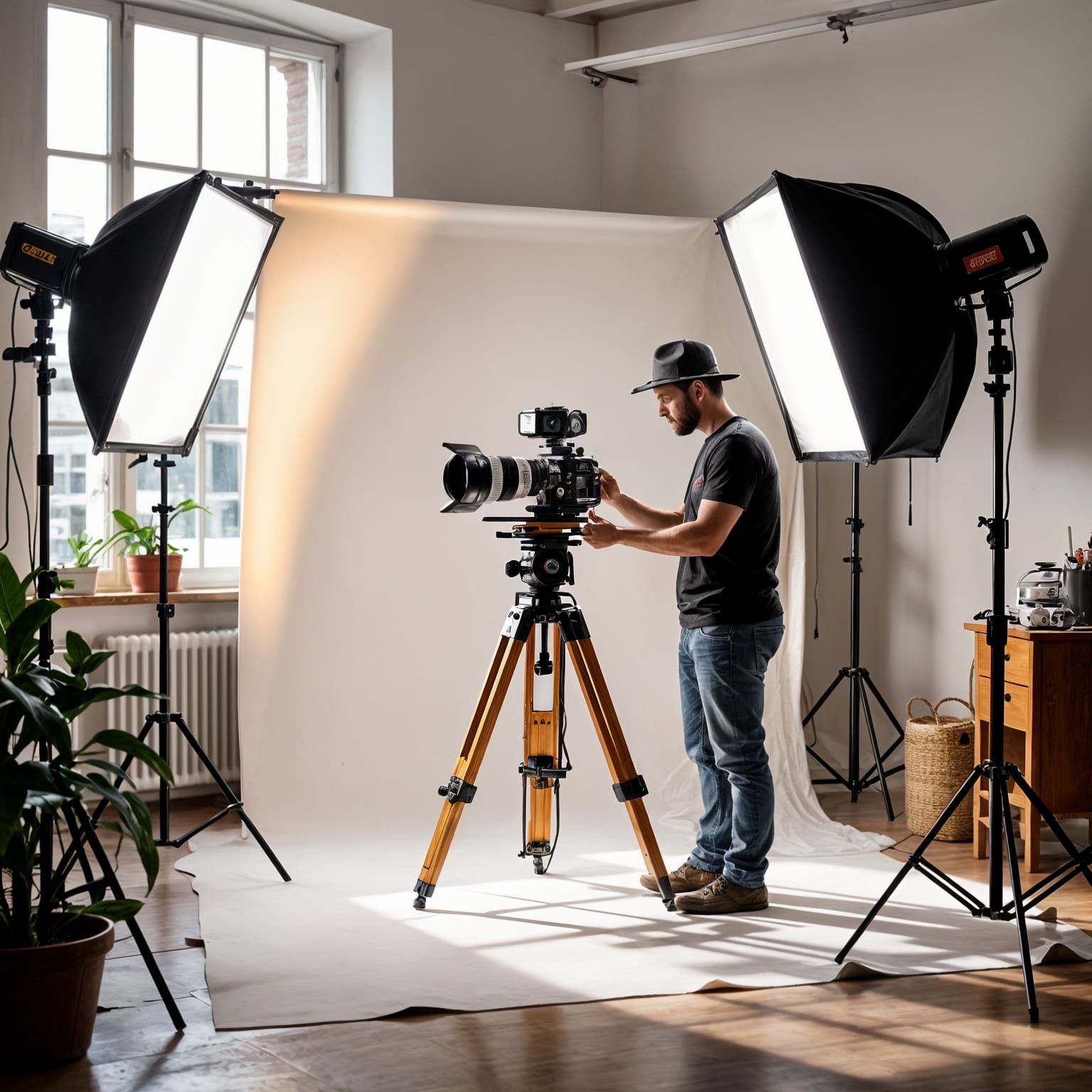 Photographer in Light-Filled Studio with Classic Camera