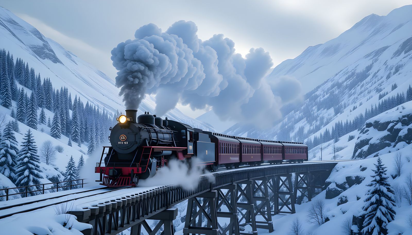 Realistic Steam Train Crossing Snowy Mountain Bridge