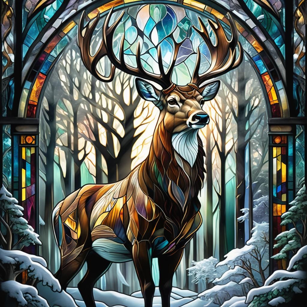 Stained Glass Buck in Winter Forest Art