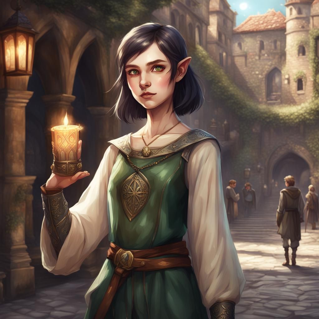 Trending On Artstation, Elf, Young teen, Female, Petite Build, Pale Skin, Teen, Dark short hair, Round Face, Wide Eyes, ...