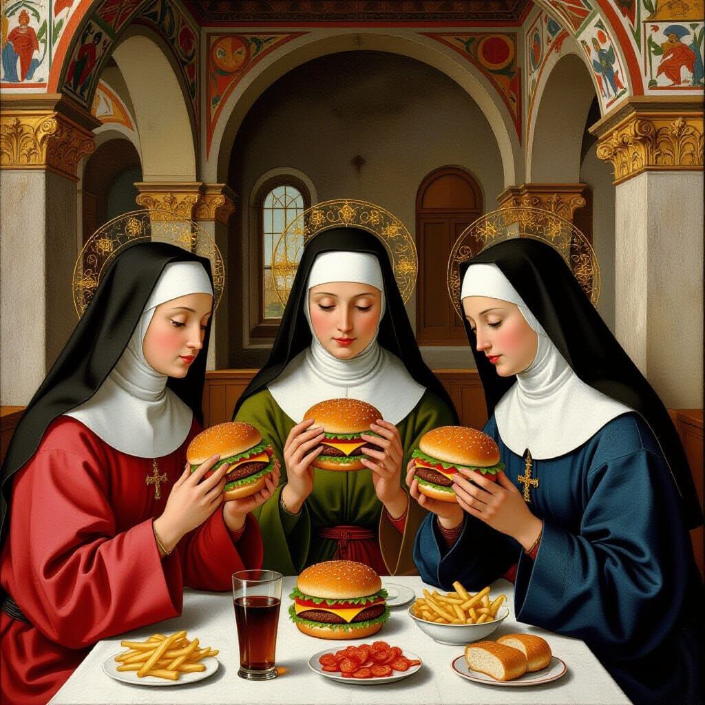Medieval Fresco of Nuns Eating Hamburgers