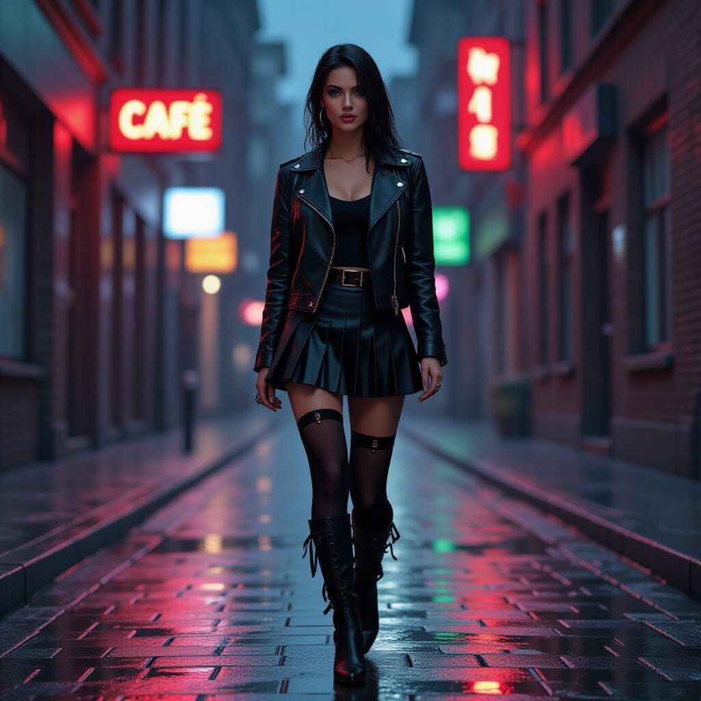 Night Street Scene: Woman in Black Stockings