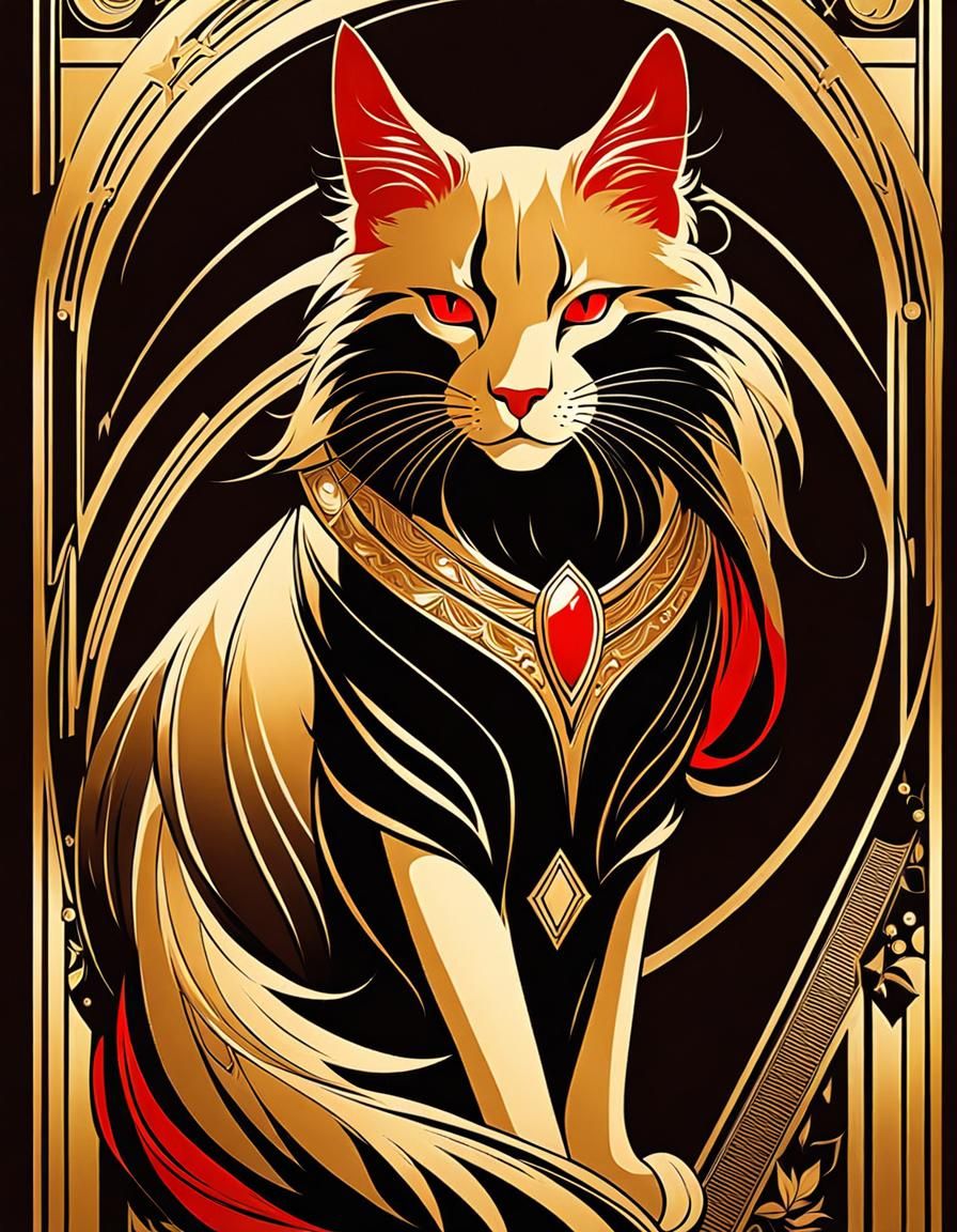 Art Deco Cat Warrior at Tavern Entrance