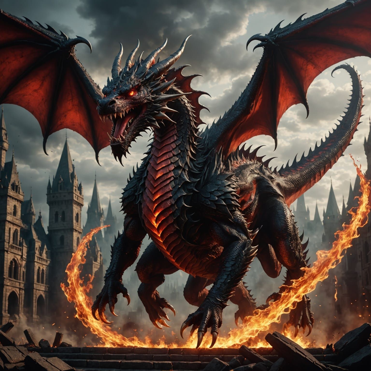 Epic Red Dragon in Flight, Digital Matte Painting