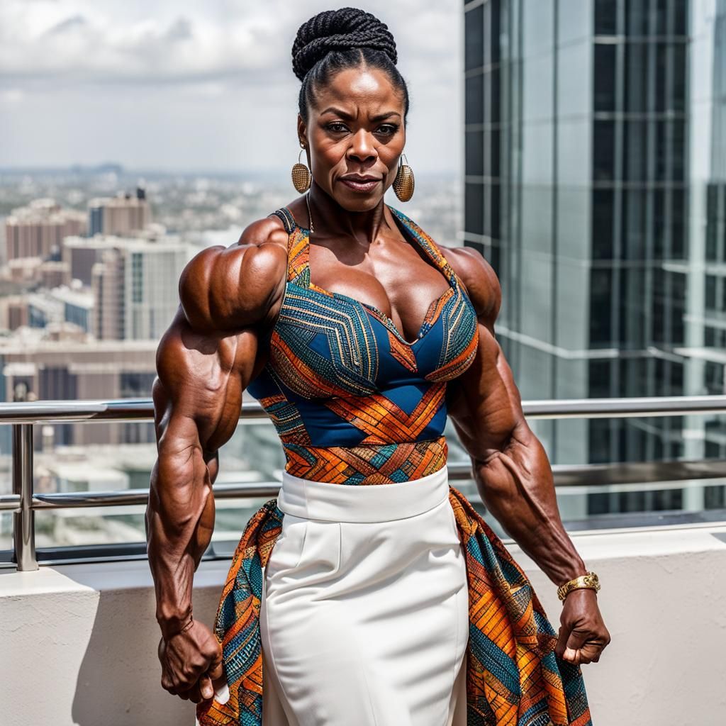 Muscular Woman Flexing in Penthouse Apartment