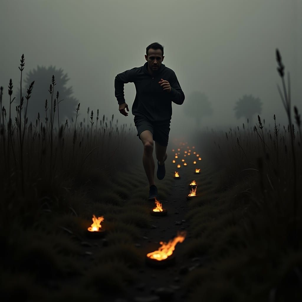 Jogger's Glowing Footprints: Chiaroscuro Meadow Run