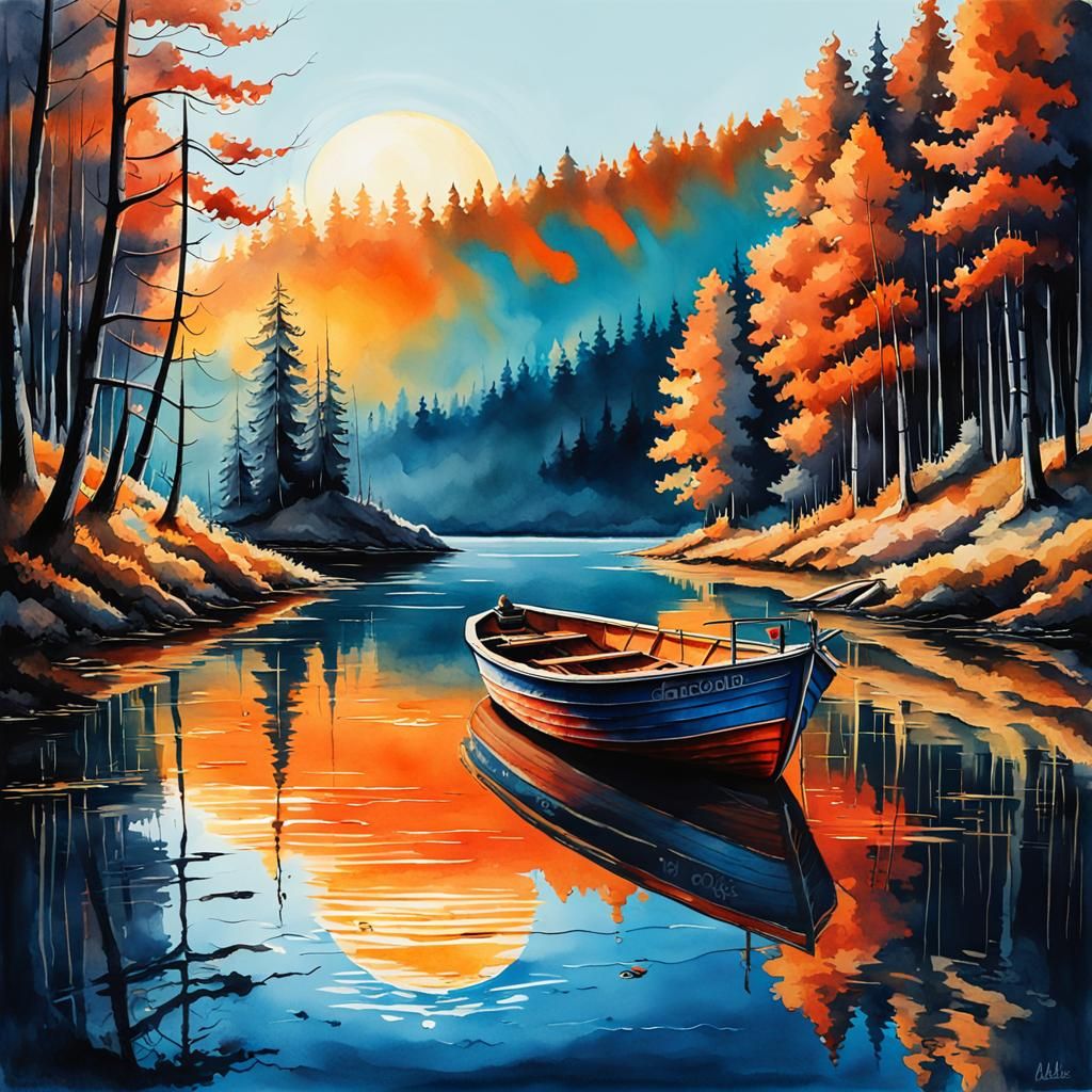 Giant Sun Over Lake With Boat, Alcohol Ink Art