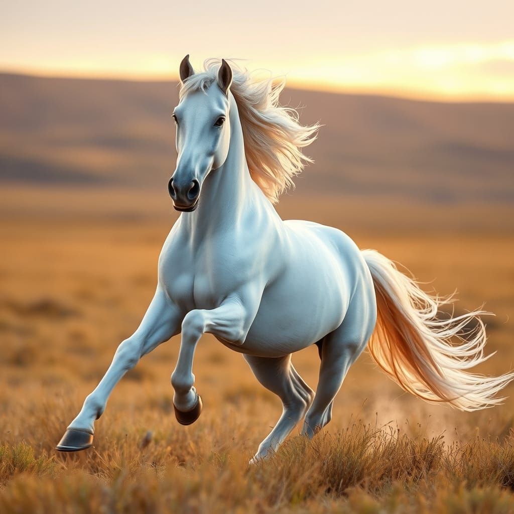 Ethereal White Stallion in Sunset Landscape