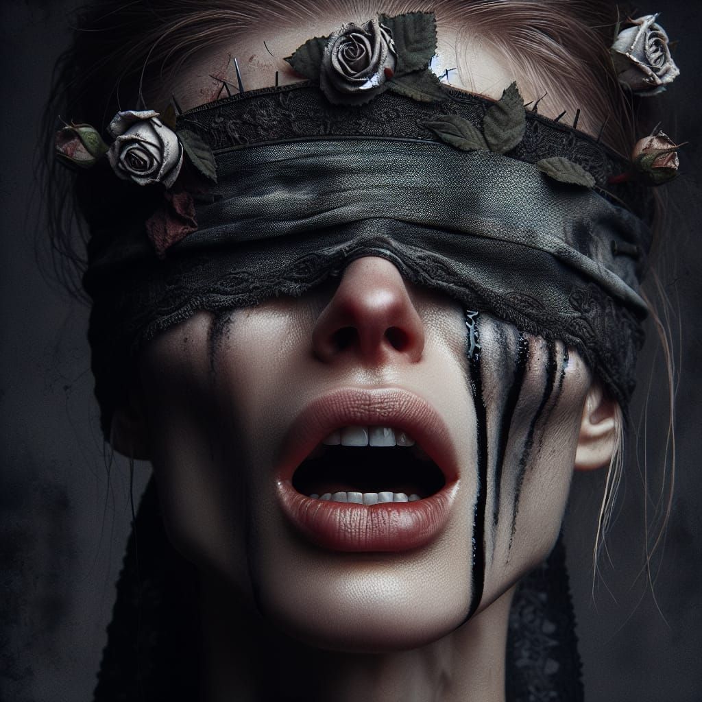 Emotional Portrait of Woman with Rose Blindfold