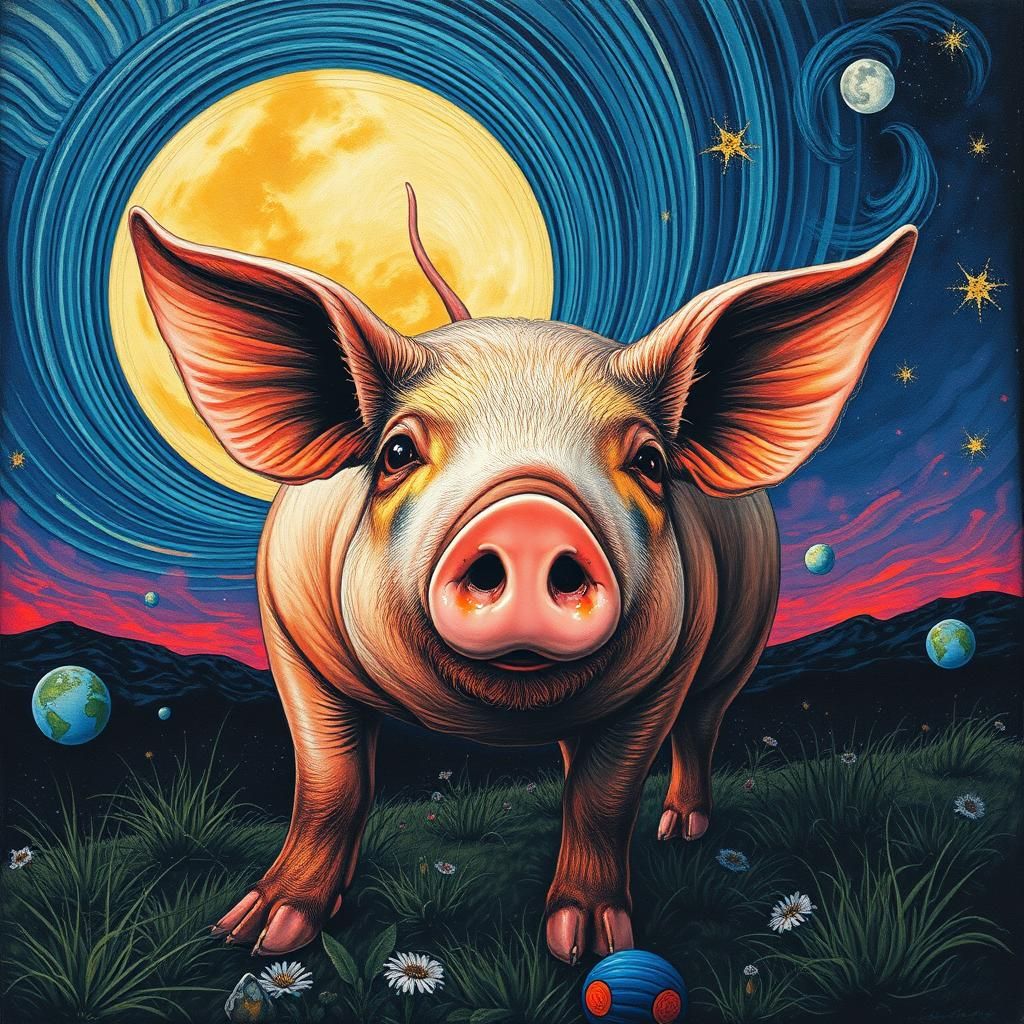 Surreal Pig Namaste in Chemtrails Futurism Landscape