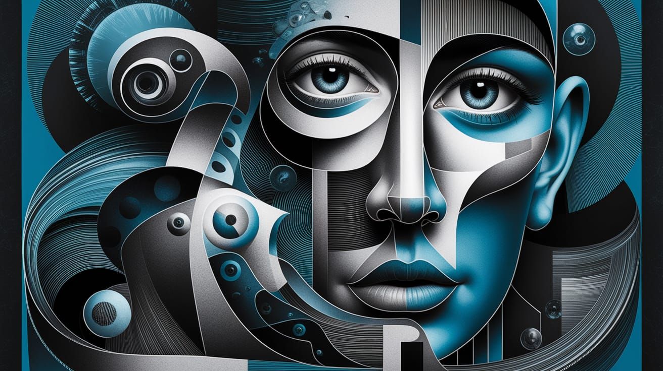Intricate Cubist Portrait in Blues and Blacks
